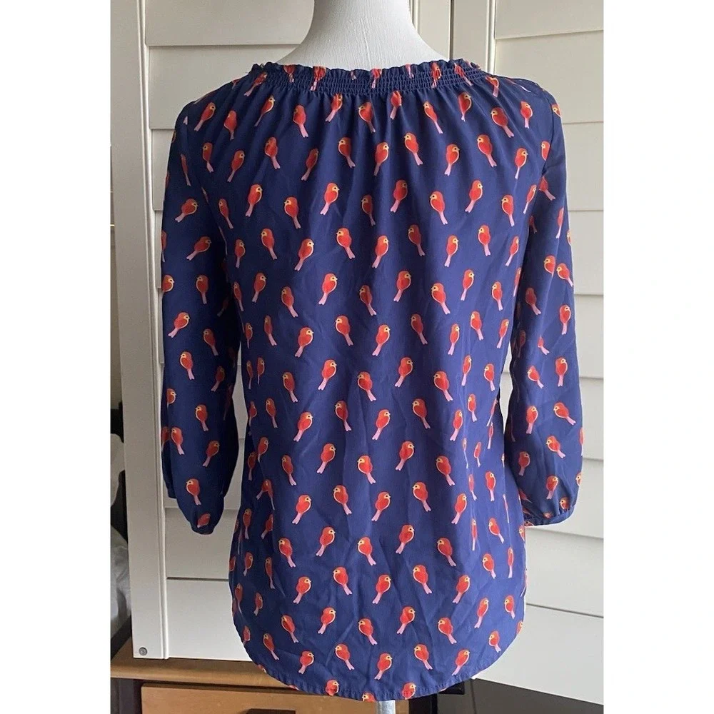 Old Navy Bird Print Button Up Top Women XS Blue Red AOP birdies 3/4 Puff Sleeves
